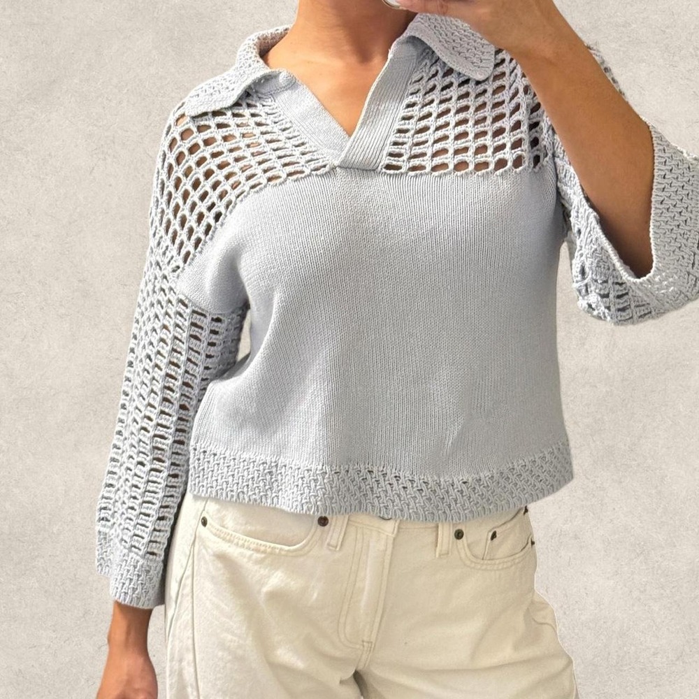 Rachel Zoe open crochet 3/4 sleeve crop sweater light blue